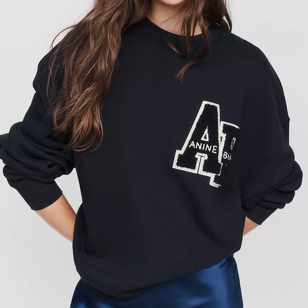 Anine Bing Miles Sweatshirt Blue Cotton Oversized Varsity Patch Pullover Small
